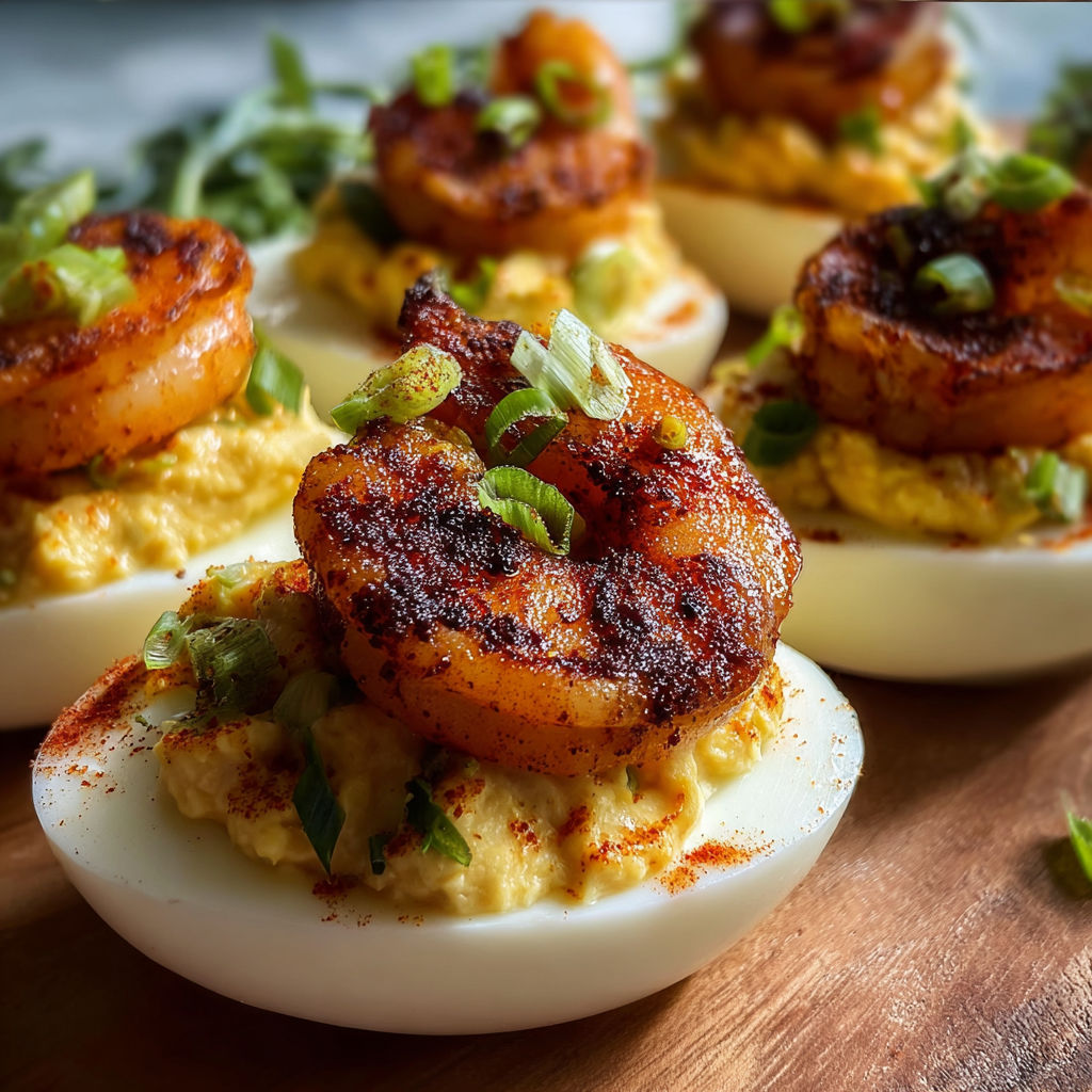 A plate of shrimp deviled eggs with a spicy sauce.