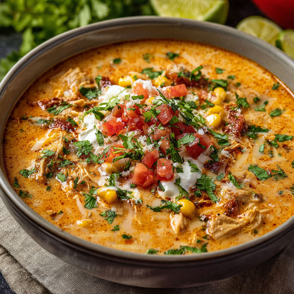 A bowl of chili with tomatoes, corn, and cheese on top.