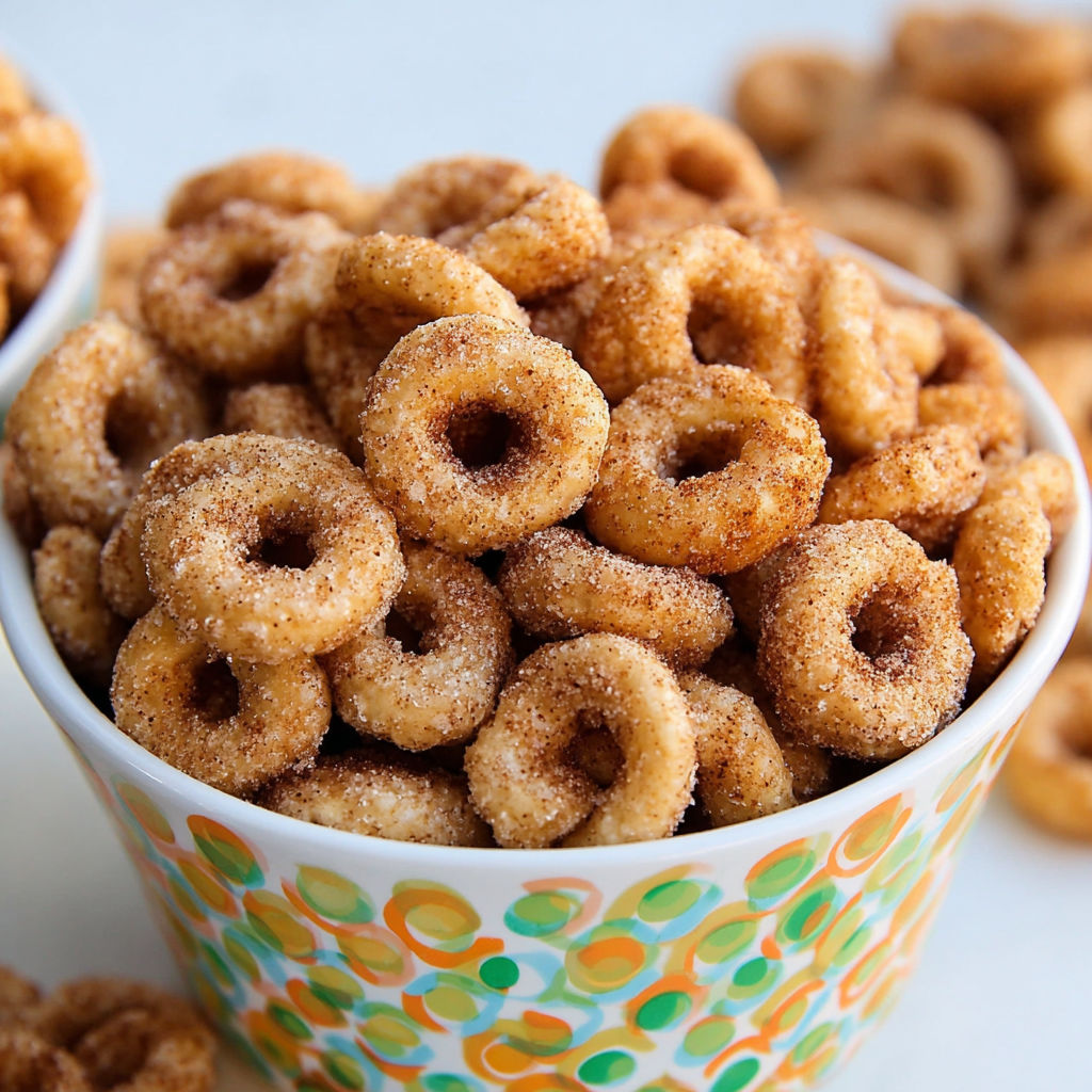 A bowl of Mini Donut Hot Buttered Cheerios, ready to be enjoyed.