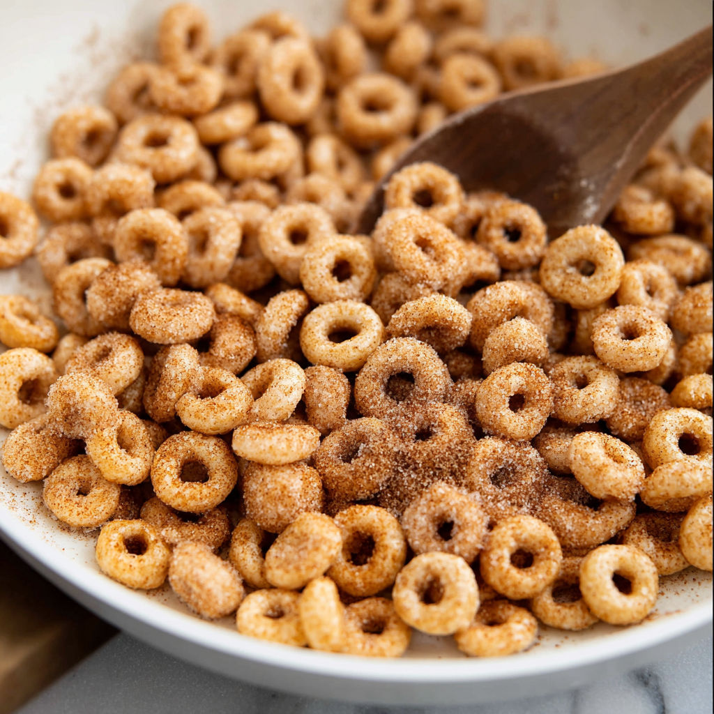 A bowl of cinnamon sugar coated cereal.