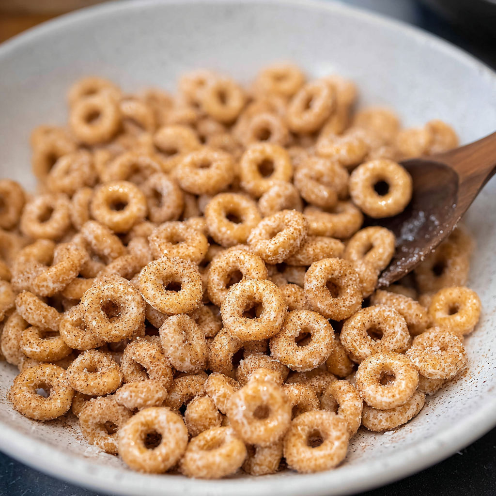 A bowl of cereal with a wooden spoon in it.