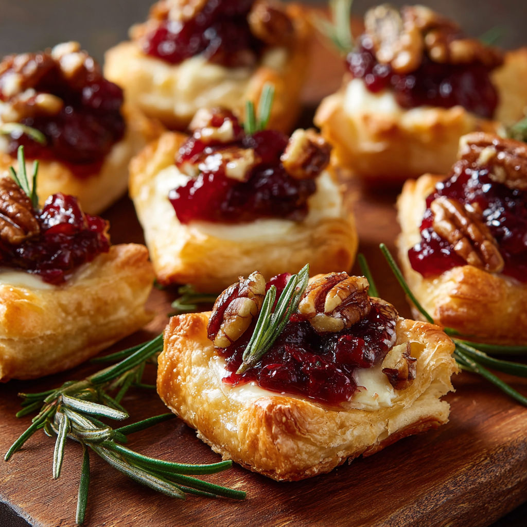 A wooden cutting board with a variety of pastries, including croissants and tarts, topped with fruit preserves and nuts.