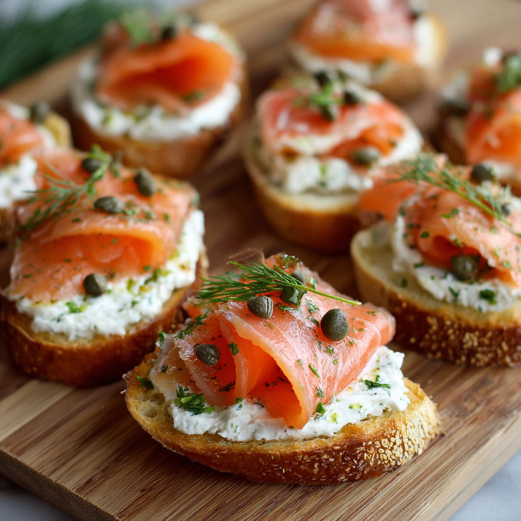 A wooden cutting board holds a delicious assortment of smoked salmon crostini.