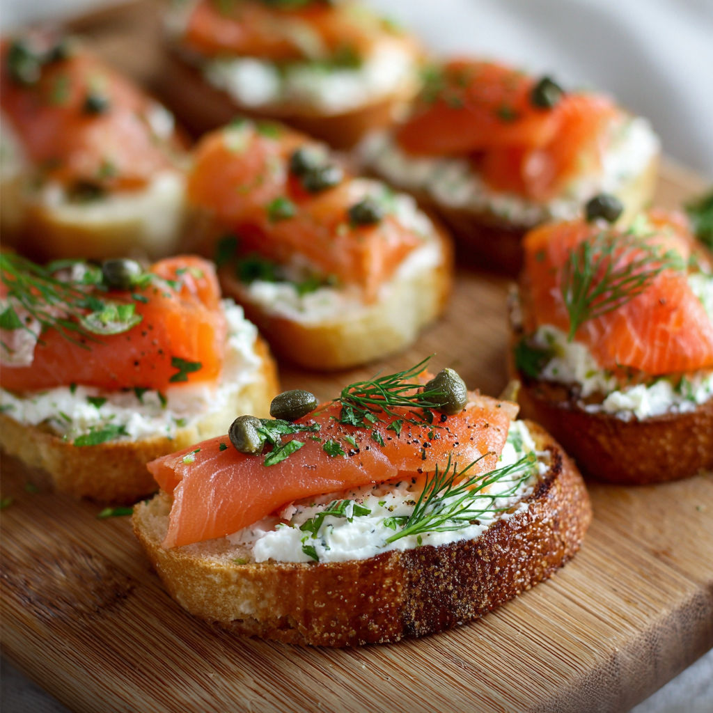 A wooden cutting board holds a variety of smoked salmon crostini, each topped with a different garnish.