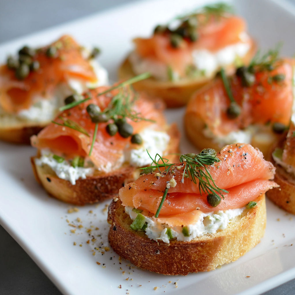 A plate of smoked salmon crostini with white topping and green garnish.