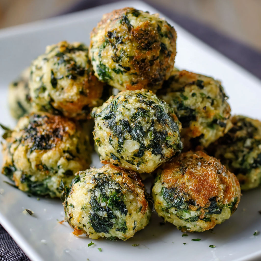 A plate of green vegetable balls, possibly a spin on a traditional meatball, is displayed on a table.