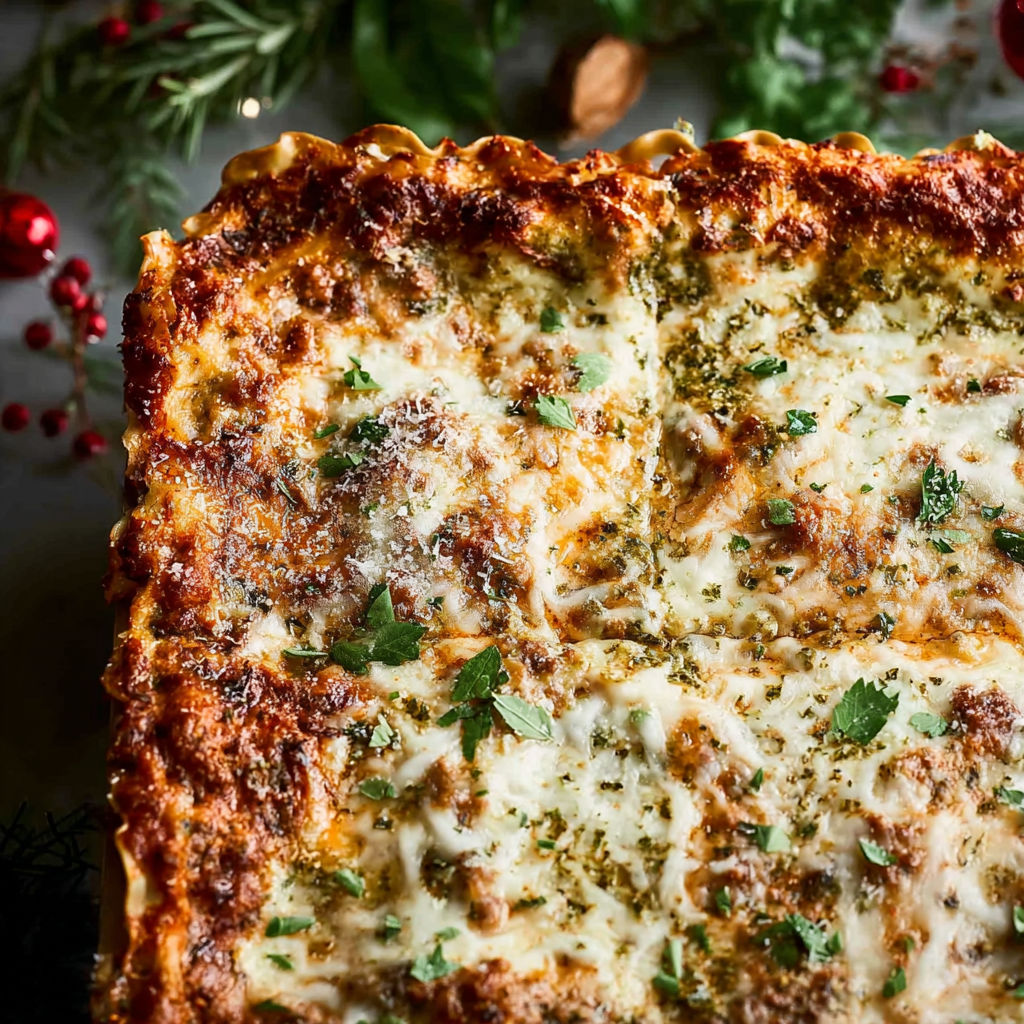 A slice of Festive Lasagna Bolognese with a green herb topping.