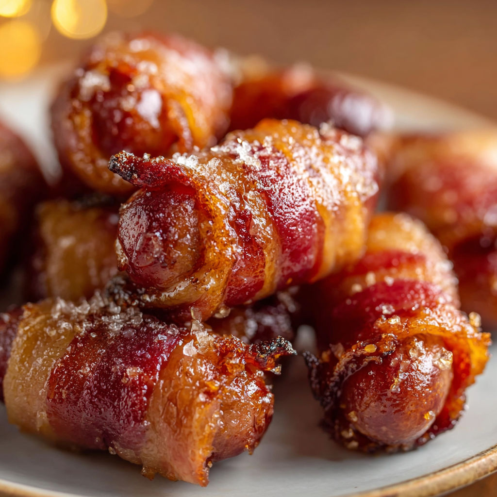 A plate of bacon wrapped little smokies, ready to be cooked.