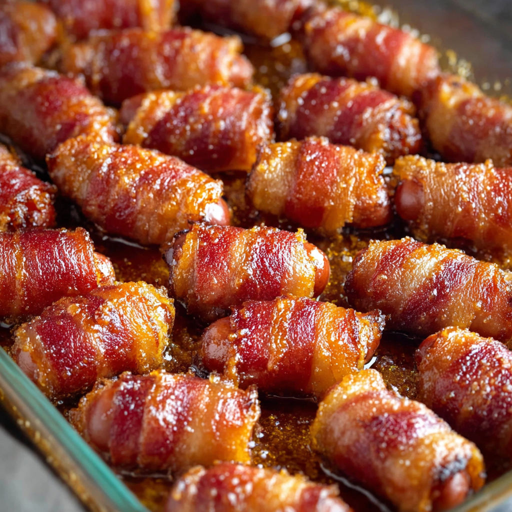 A dish of bacon wrapped pork is cooked and ready to be served.