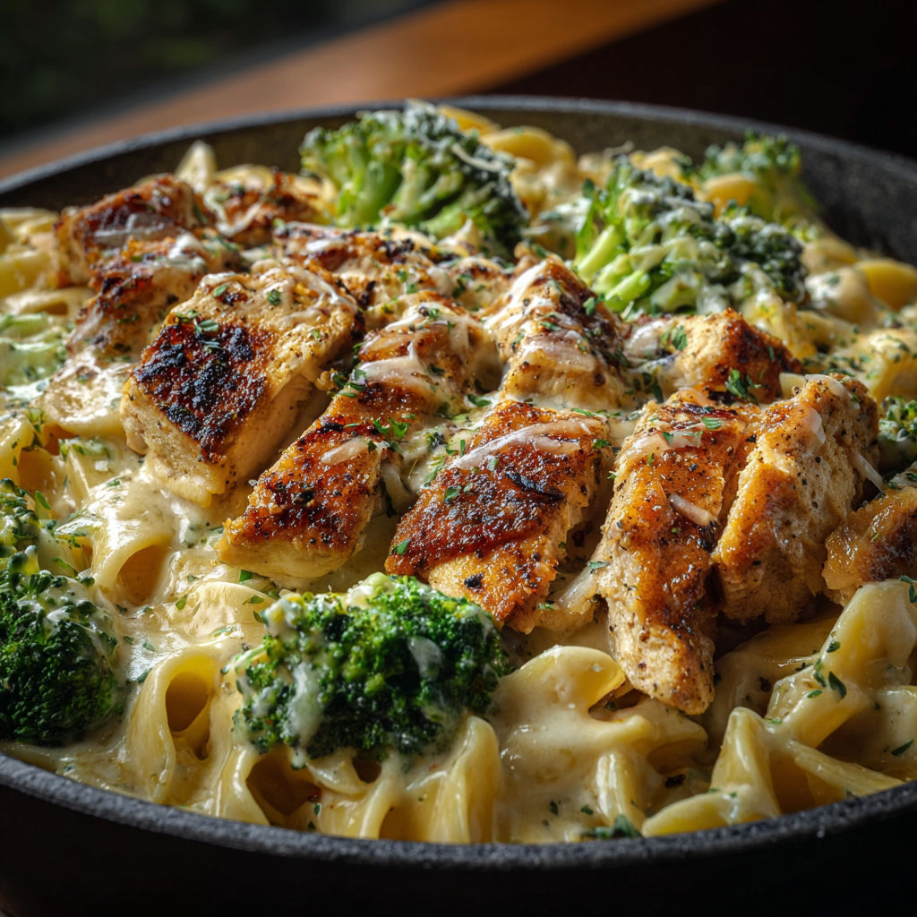 A delicious Cajun Chicken Broccoli Alfredo dish is served in a black bowl.