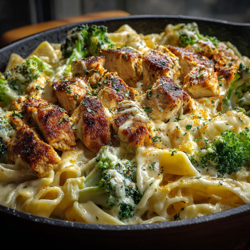 A delicious pasta dish with chicken, broccoli, and cheese, served in a black skillet.
