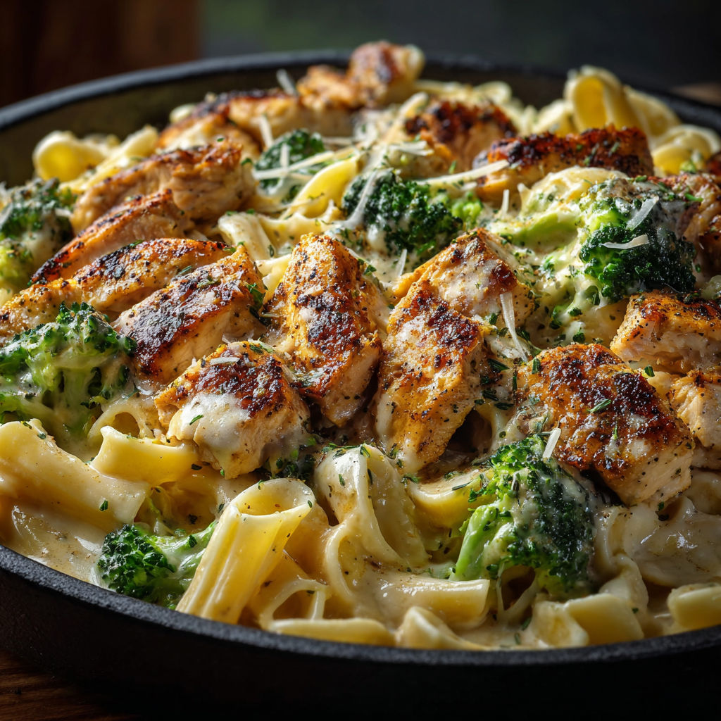 A delicious pasta dish with chicken and broccoli, served in a black bowl.