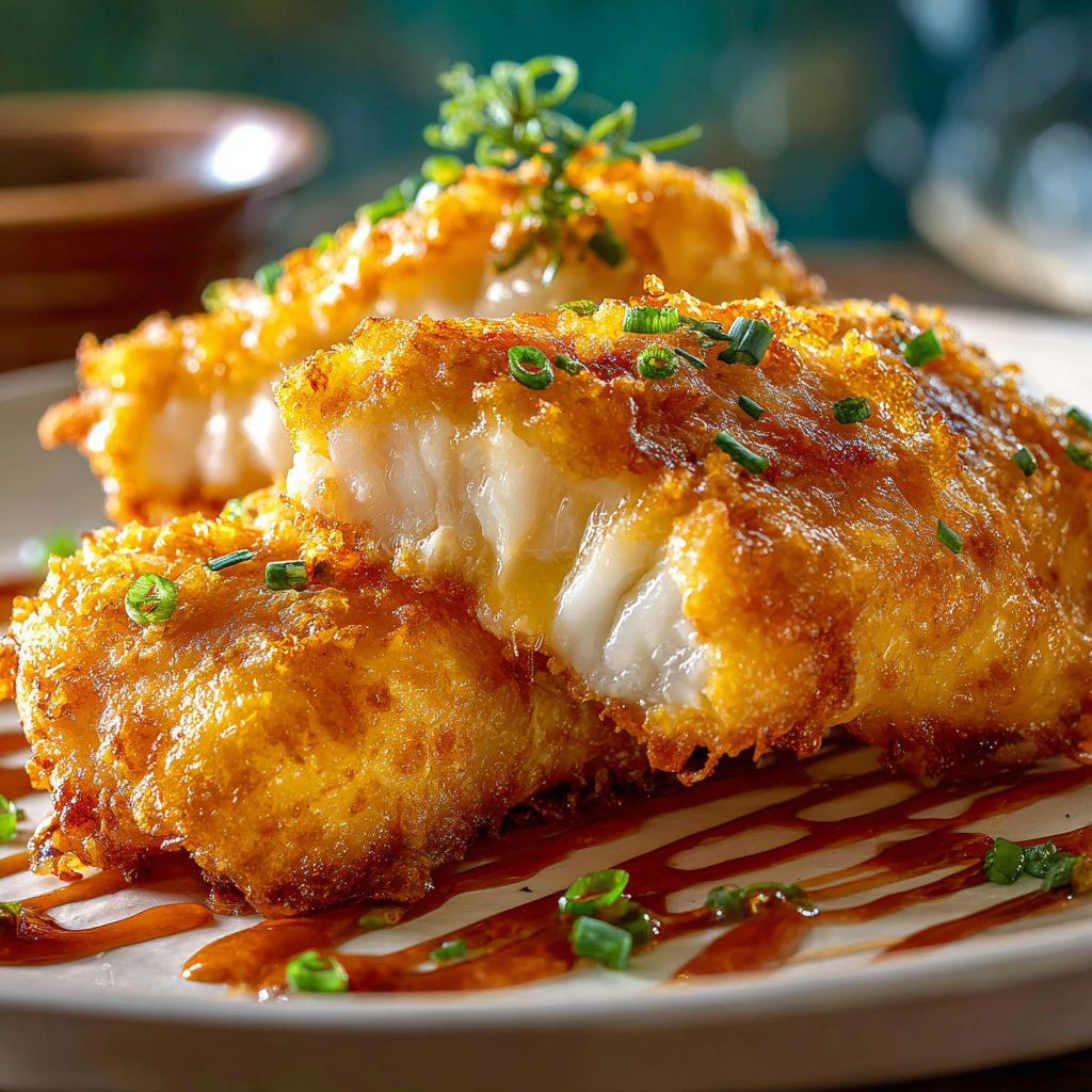 A plate of batter dipped fish with a sauce on top.