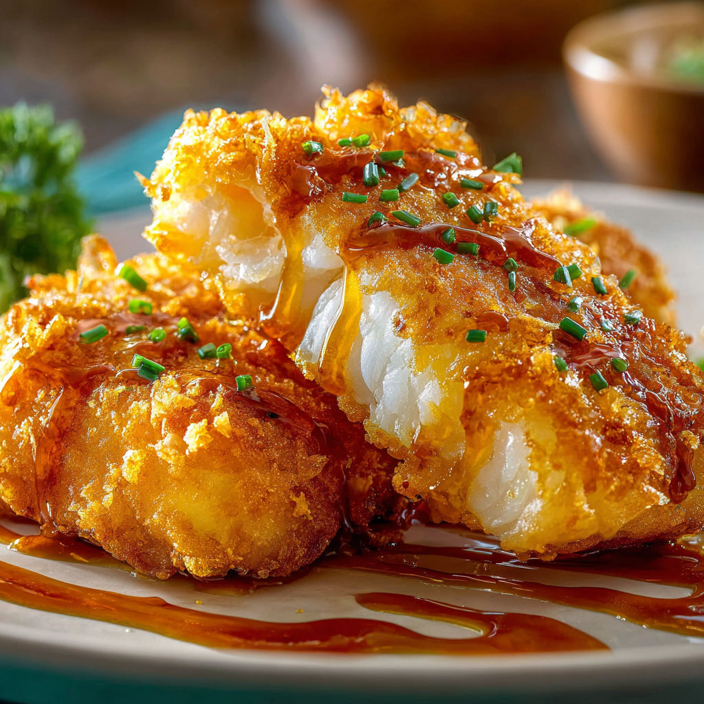 A plate of fish with a brown sauce on top, accompanied by a green garnish.