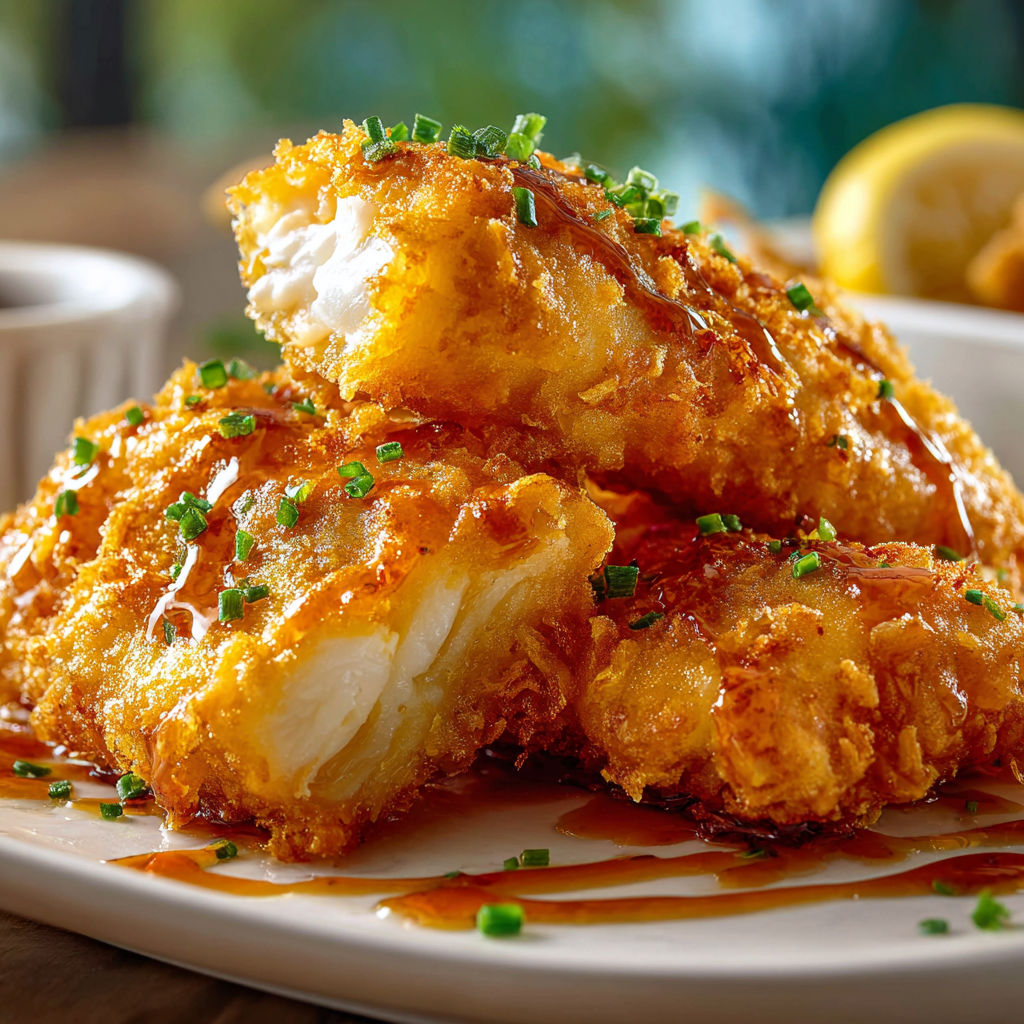 A plate of fried fish with a lemon wedge on the side.