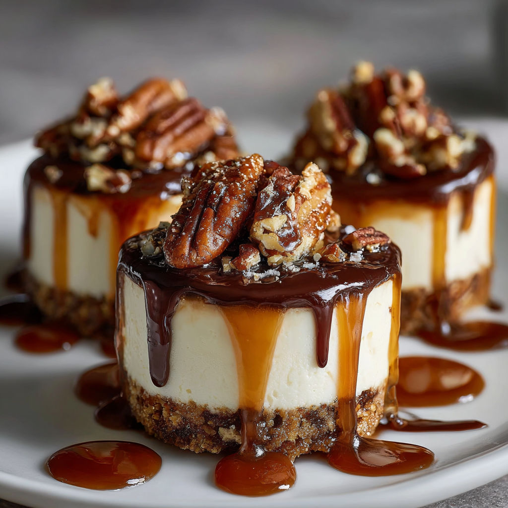 Three No Bake Turtle Mini Cheesecakes with caramel drizzle and pecans.