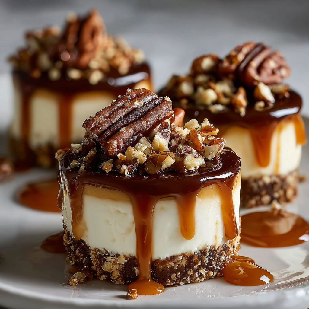 A plate with three desserts, each topped with a pecan and drizzled with caramel.