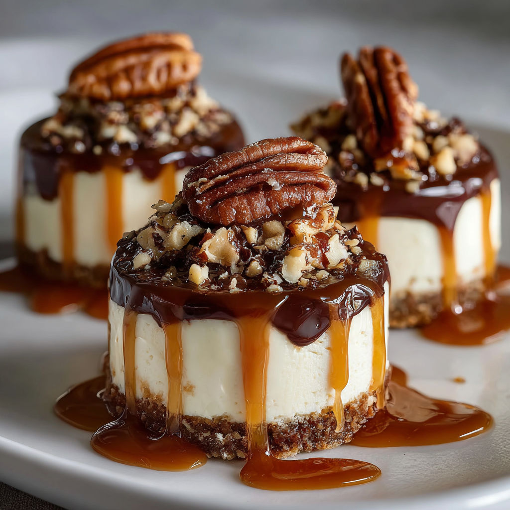 A plate with three desserts, each topped with a different nut, sits on a table.