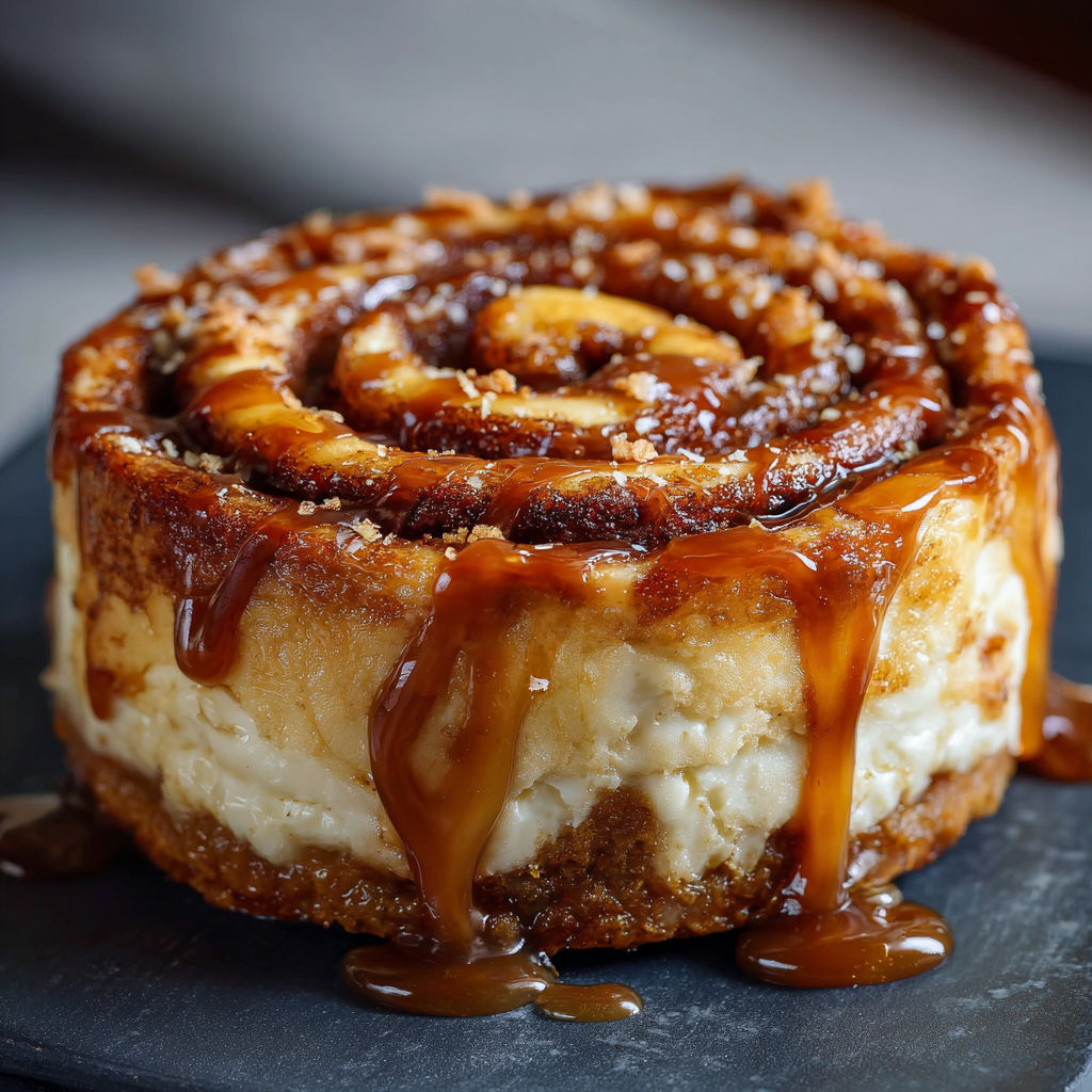 A slice of Cinnamon Roll Honeybun Cheesecake on a black plate.
