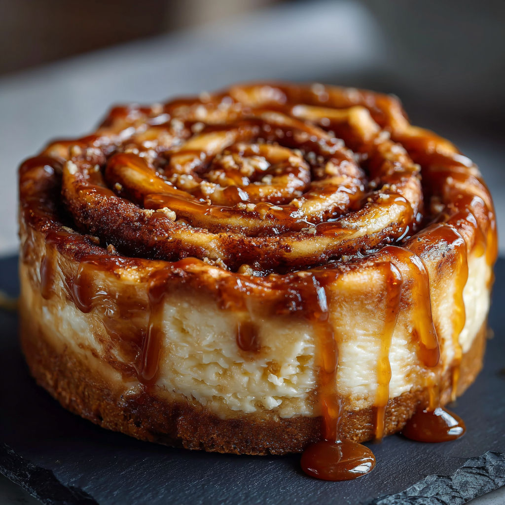 A delicious dessert, possibly a cheesecake, is drizzled with caramel sauce and topped with a swirl of icing.