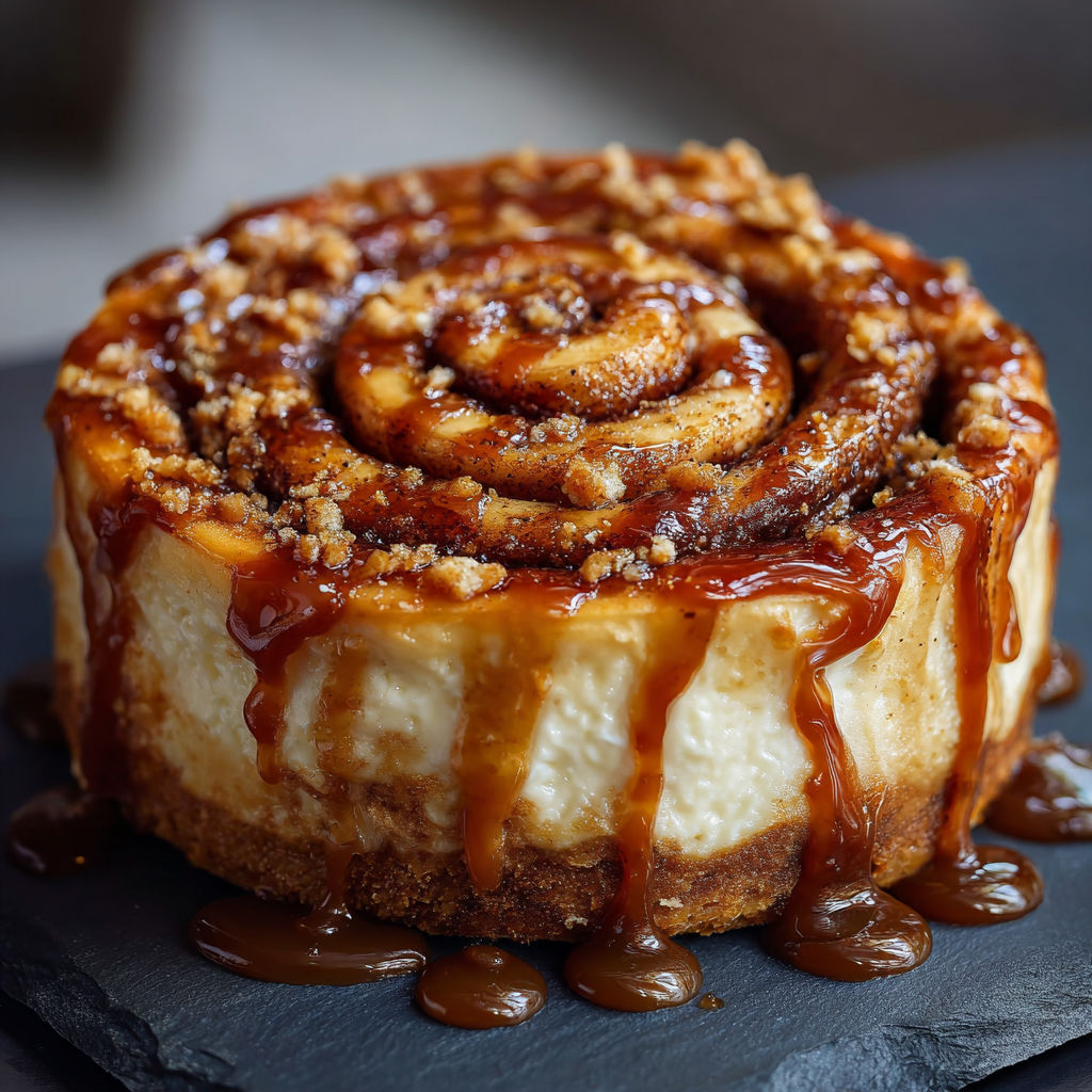 A delicious dessert, possibly a cinnamon roll, is drizzled with caramel sauce and sits on a plate.