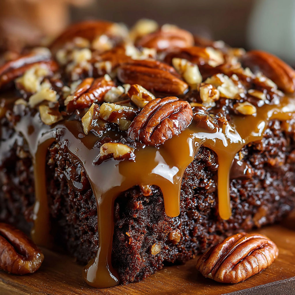 A slice of Turtle Texas Sheet Cake with Fudge, Caramel & Pecans.