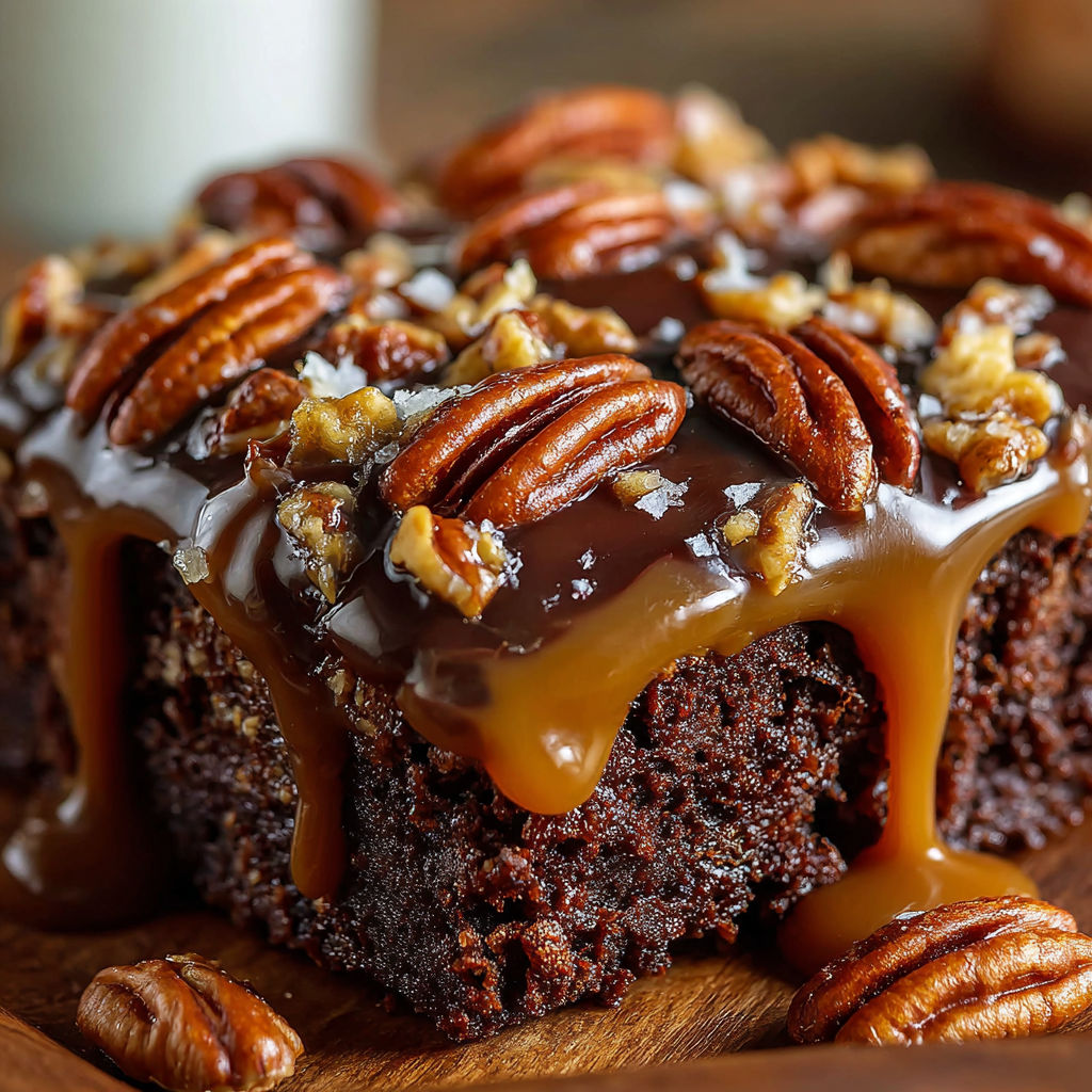 A slice of Turtle Texas Sheet Cake with Fudge, Caramel & Pecans.