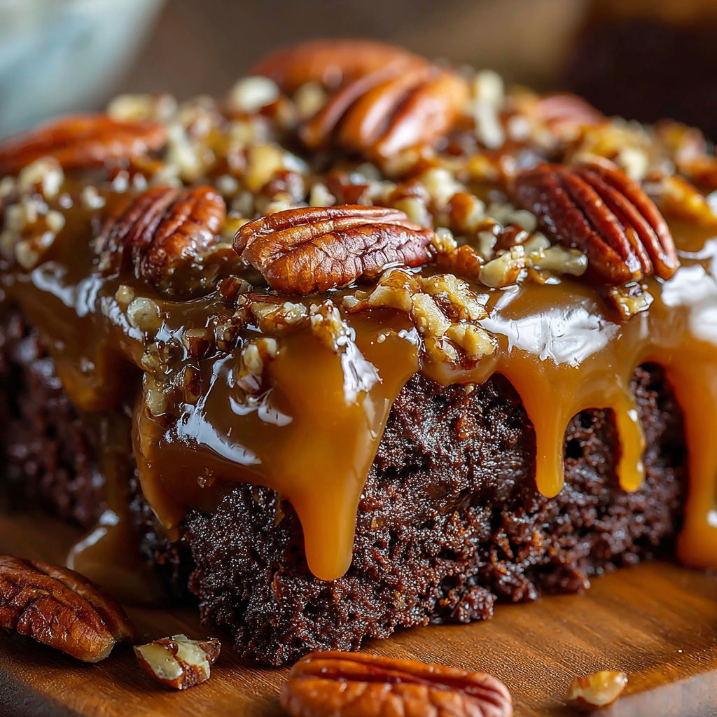 A slice of Turtle Texas Sheet Cake with Fudge, Caramel & Pecans.