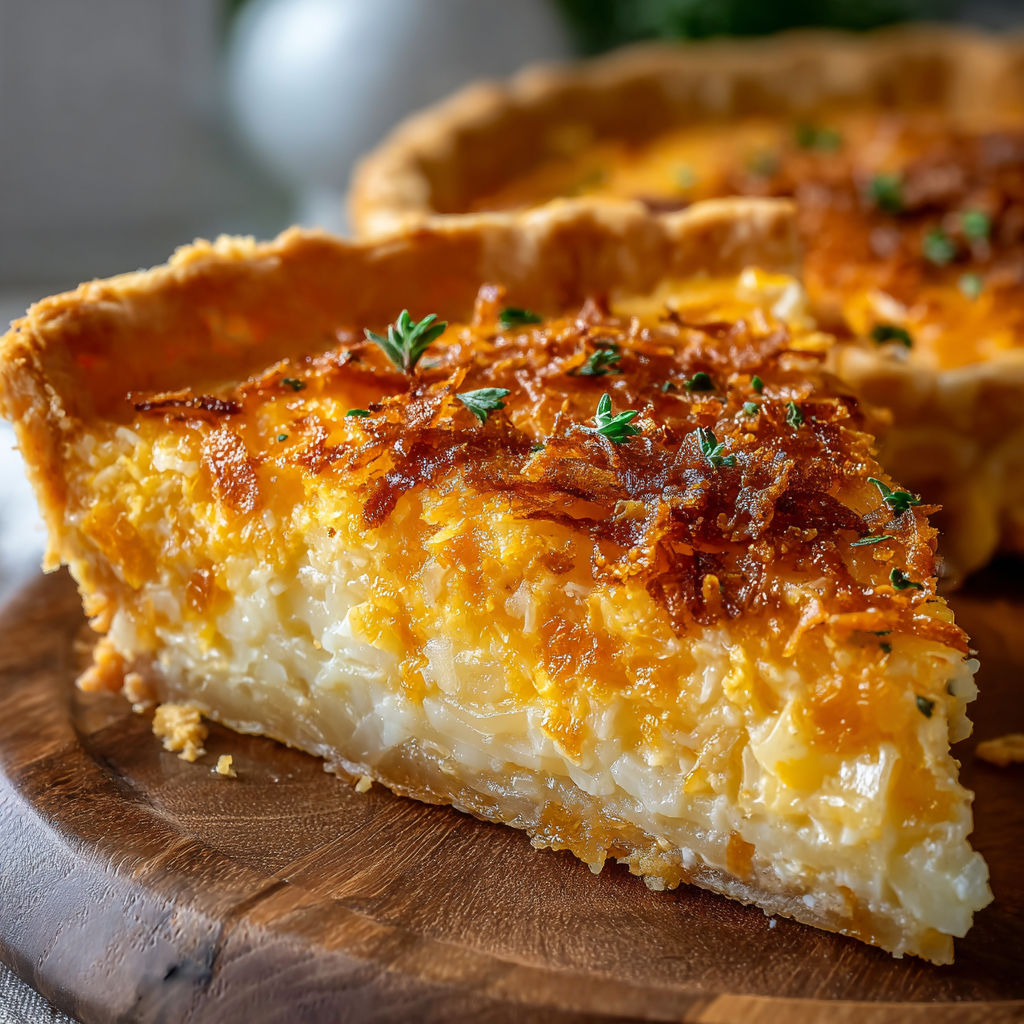 A slice of cheesy, crispy cheddar and Ritz cracker pie with a slice missing.