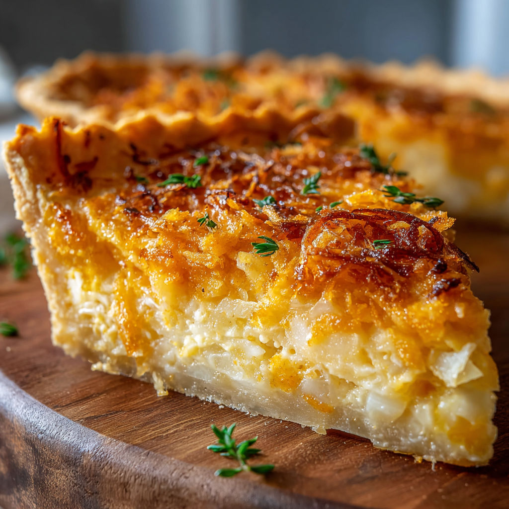 A slice of quiche is displayed on a wooden cutting board.