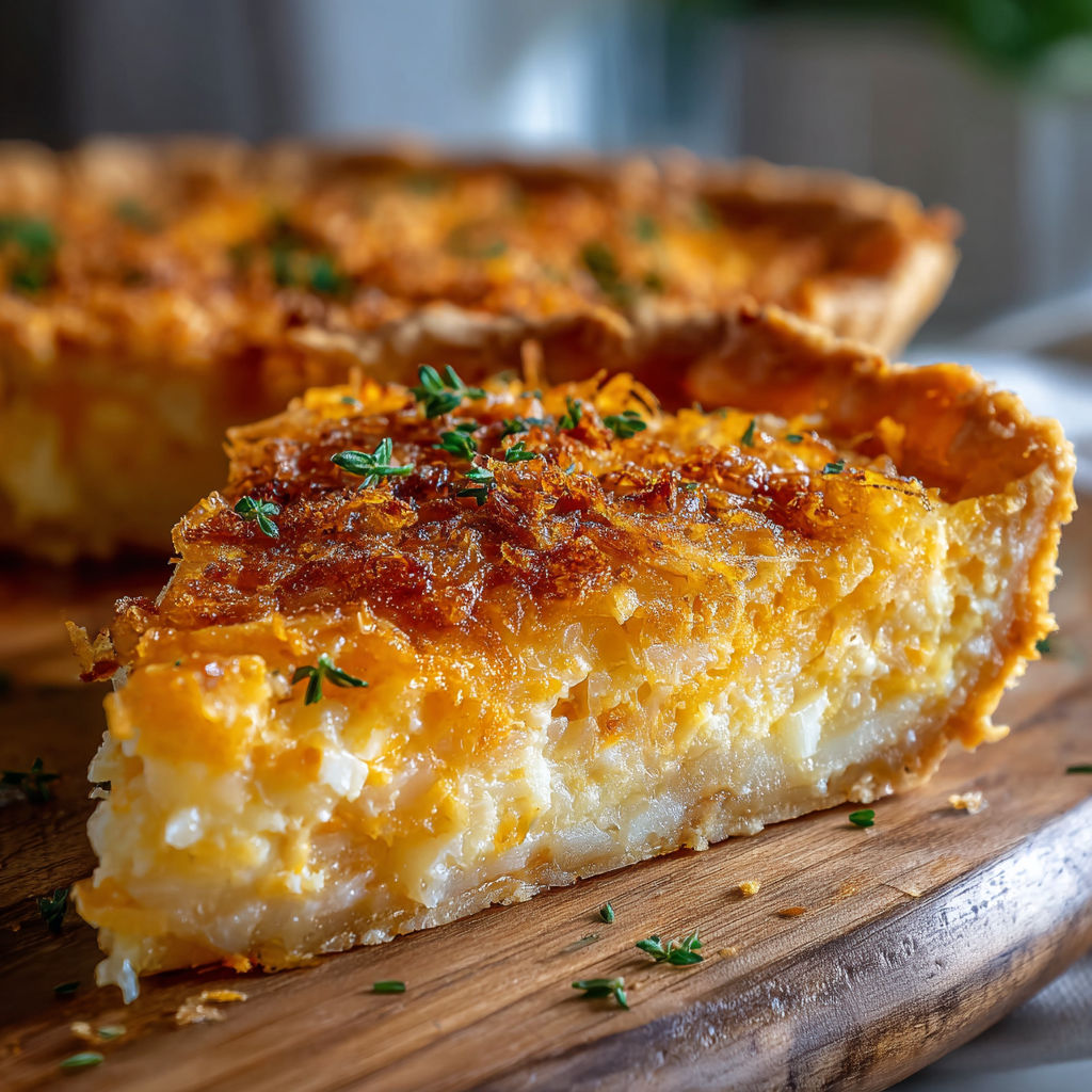 A slice of cheesy quiche is served on a wooden cutting board.