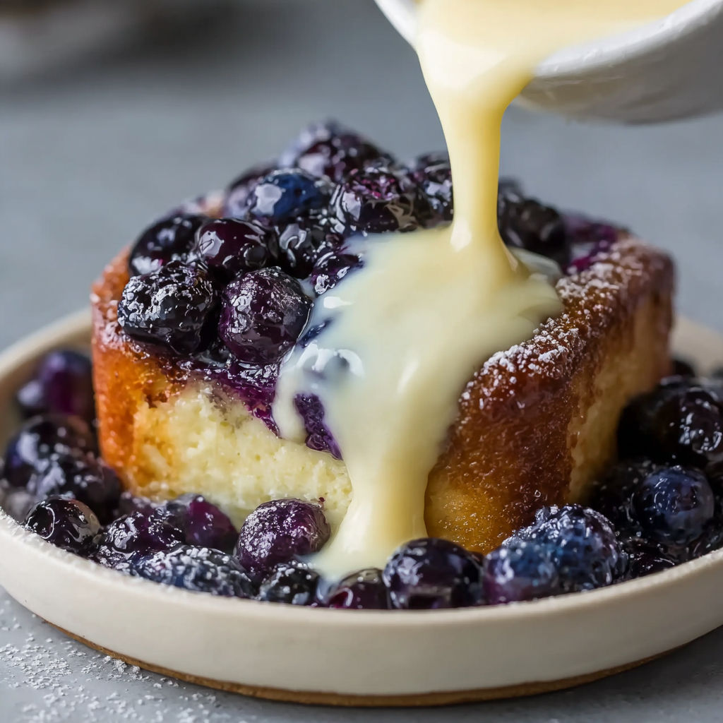 A delicious dessert, Blueberry Malva Pudding with Vanilla Custard, is being served with a dollop of cream on top.