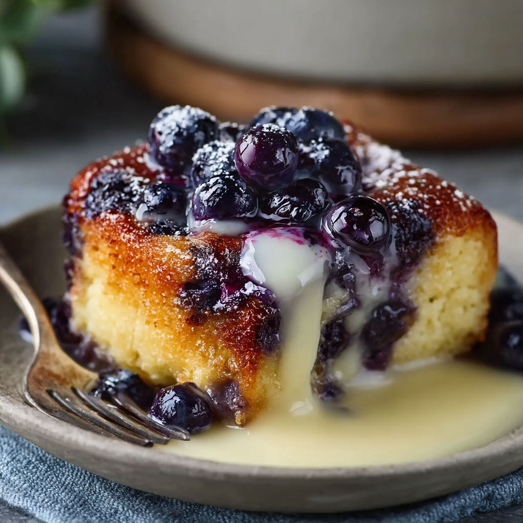 A slice of Blueberry Malva Pudding with Vanilla Custard on a plate.