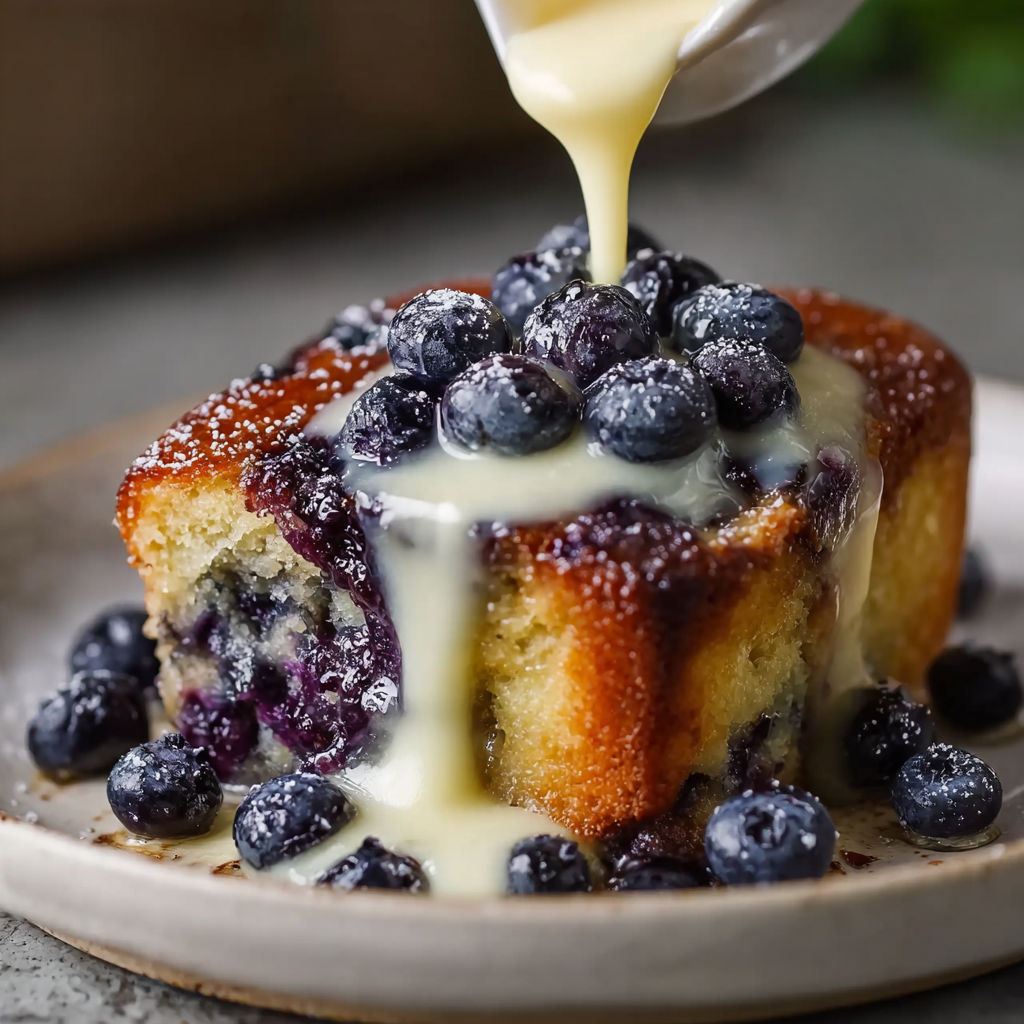 A slice of Blueberry Malva Pudding with Vanilla Custard is being drizzled with a sauce.