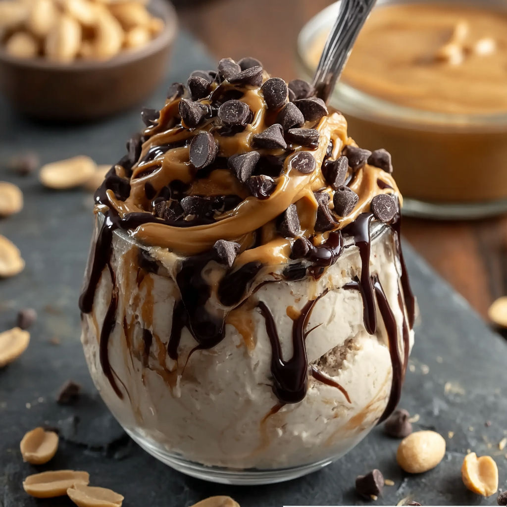 A close up of a chocolate and peanut butter ice cream sundae with a spoon in it.