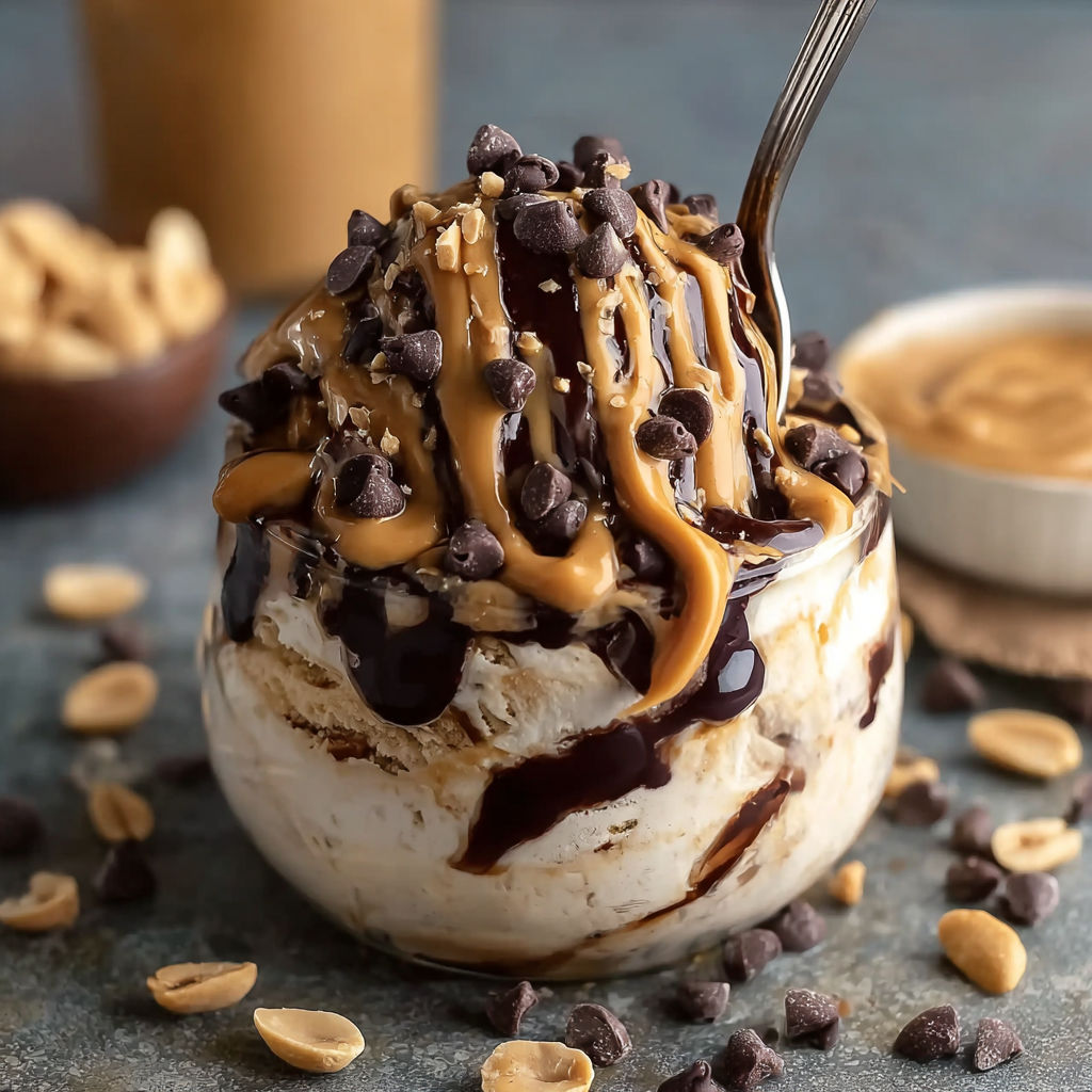 A delicious dessert made with peanut butter and chocolate, topped with chopped peanuts and drizzled with caramel.