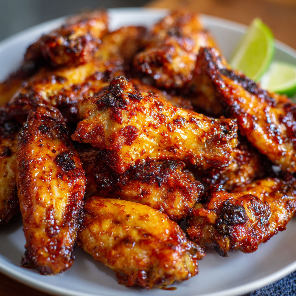 A plate of Hot Honey Chicken Wings is served on a dining table.