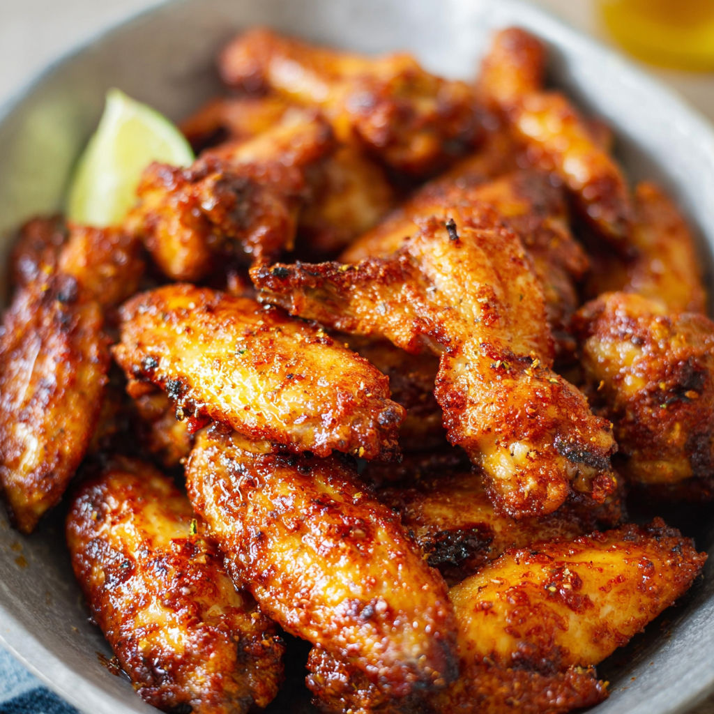 A bowl filled with fried chicken wings, some of which have been seasoned with a spicy sauce.