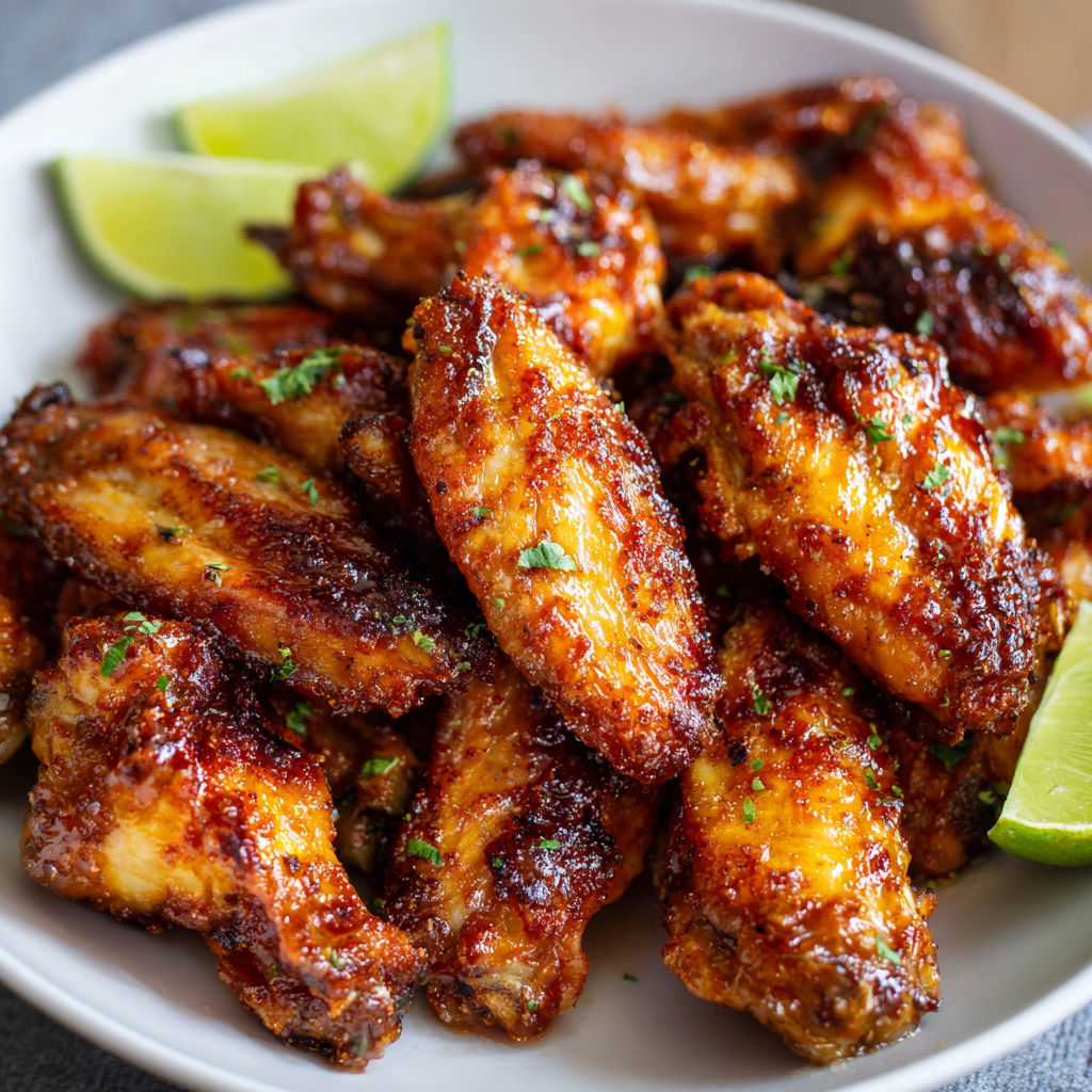 A plate of grilled chicken wings with a lime wedge on the side.