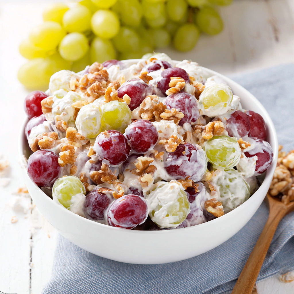 A bowl of Creamy Grape Salad is displayed on a table.