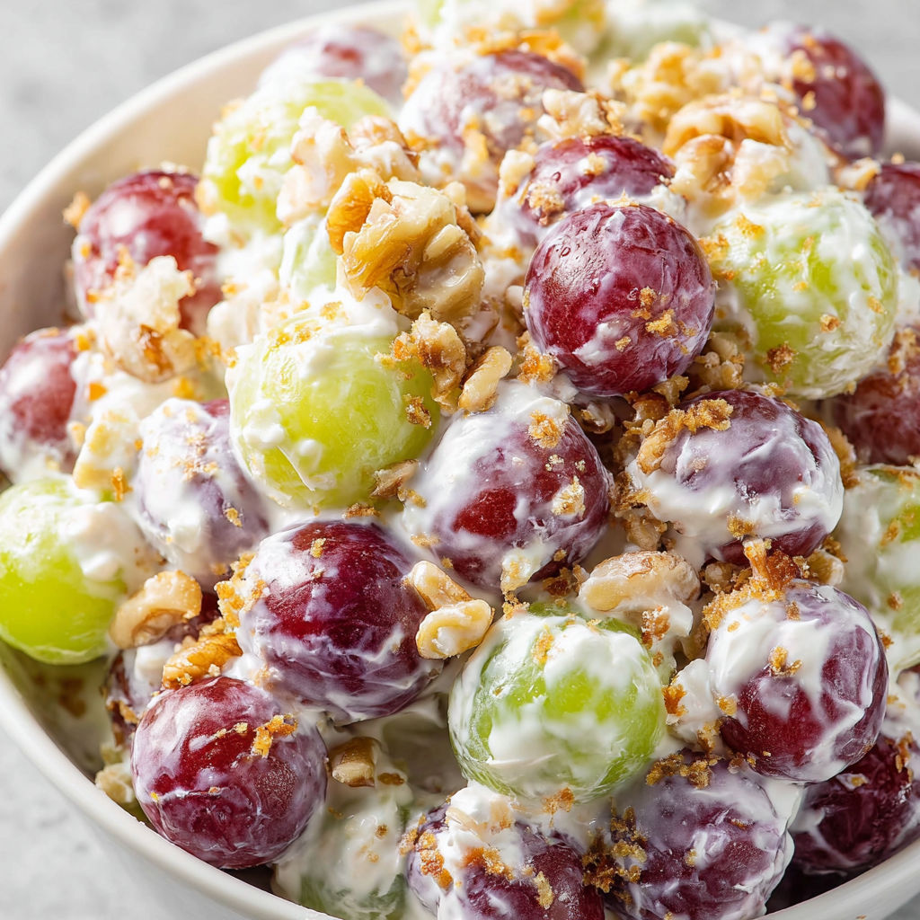 A bowl of Creamy Grape Salad with nuts and grapes.