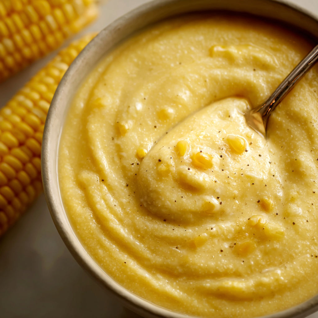 A bowl of yellow soup with a spoon in it.