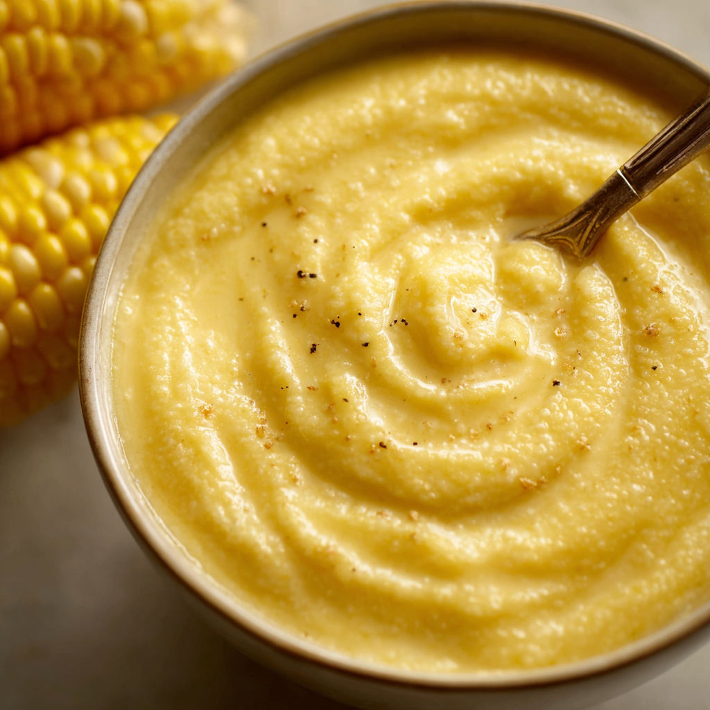 A bowl of creamy soup with a spoon in it, and a corn on the cob beside it.
