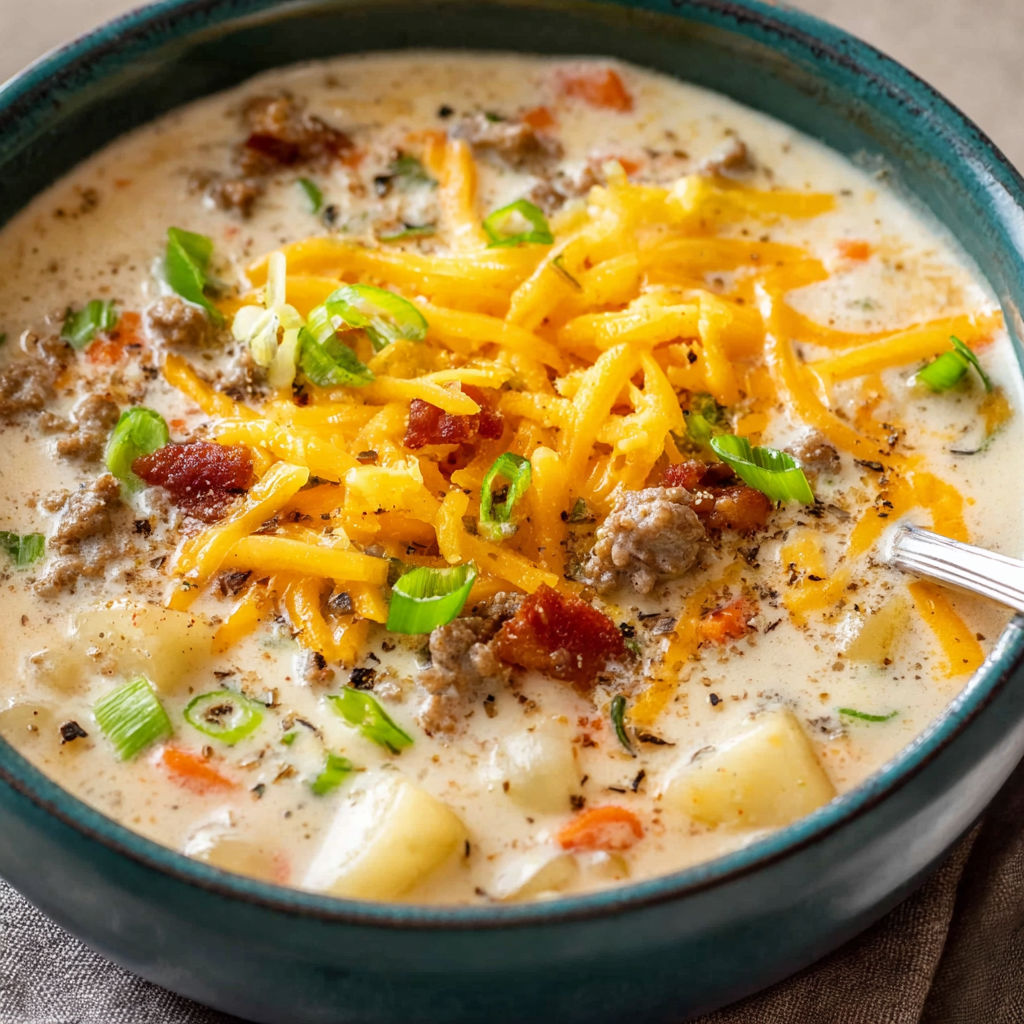 A bowl of cheeseburger soup with bacon and cheese on top.