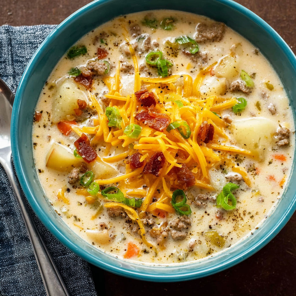 A bowl of soup with bacon, cheese, and potatoes.