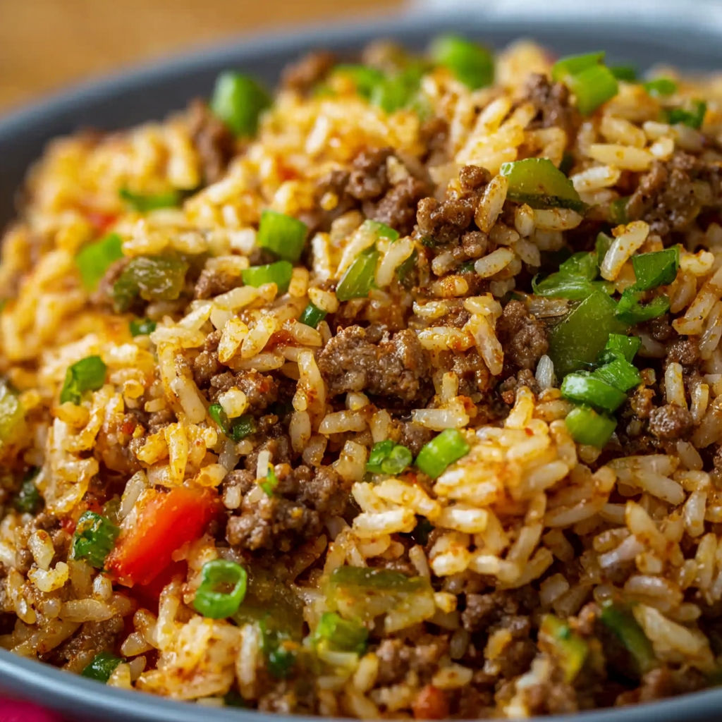 A bowl of Popey's Cajun Rice Copycat, filled with rice, meat, and vegetables.
