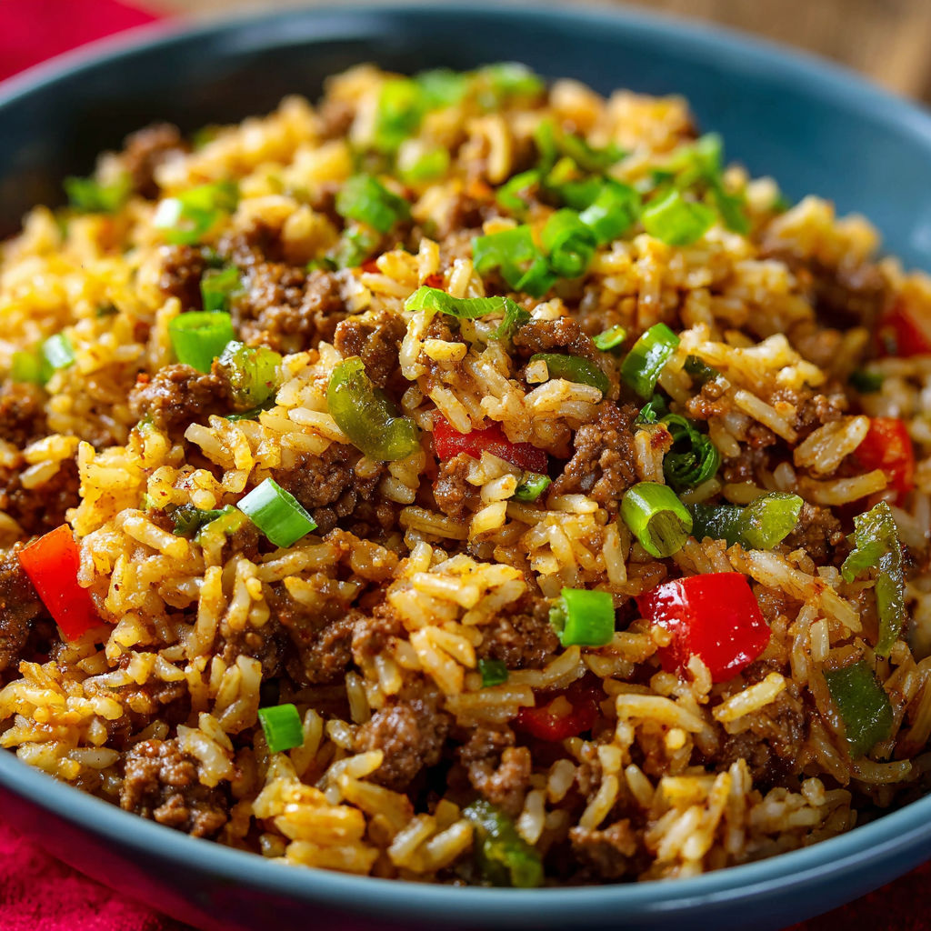 A bowl of rice and meat, possibly beef and peppers, is served on a table.