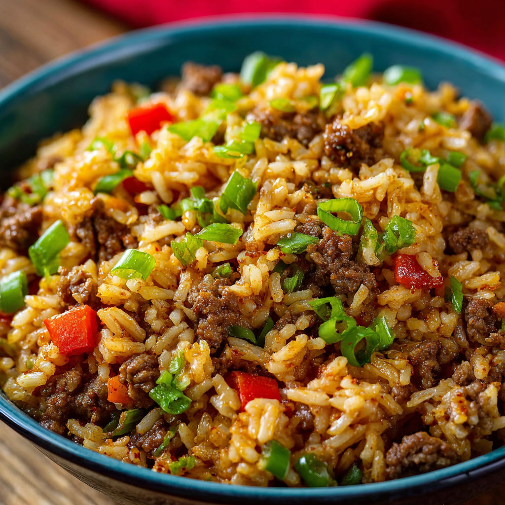 A bowl of rice with meat and vegetables, including peppers and onions, is ready to be eaten.