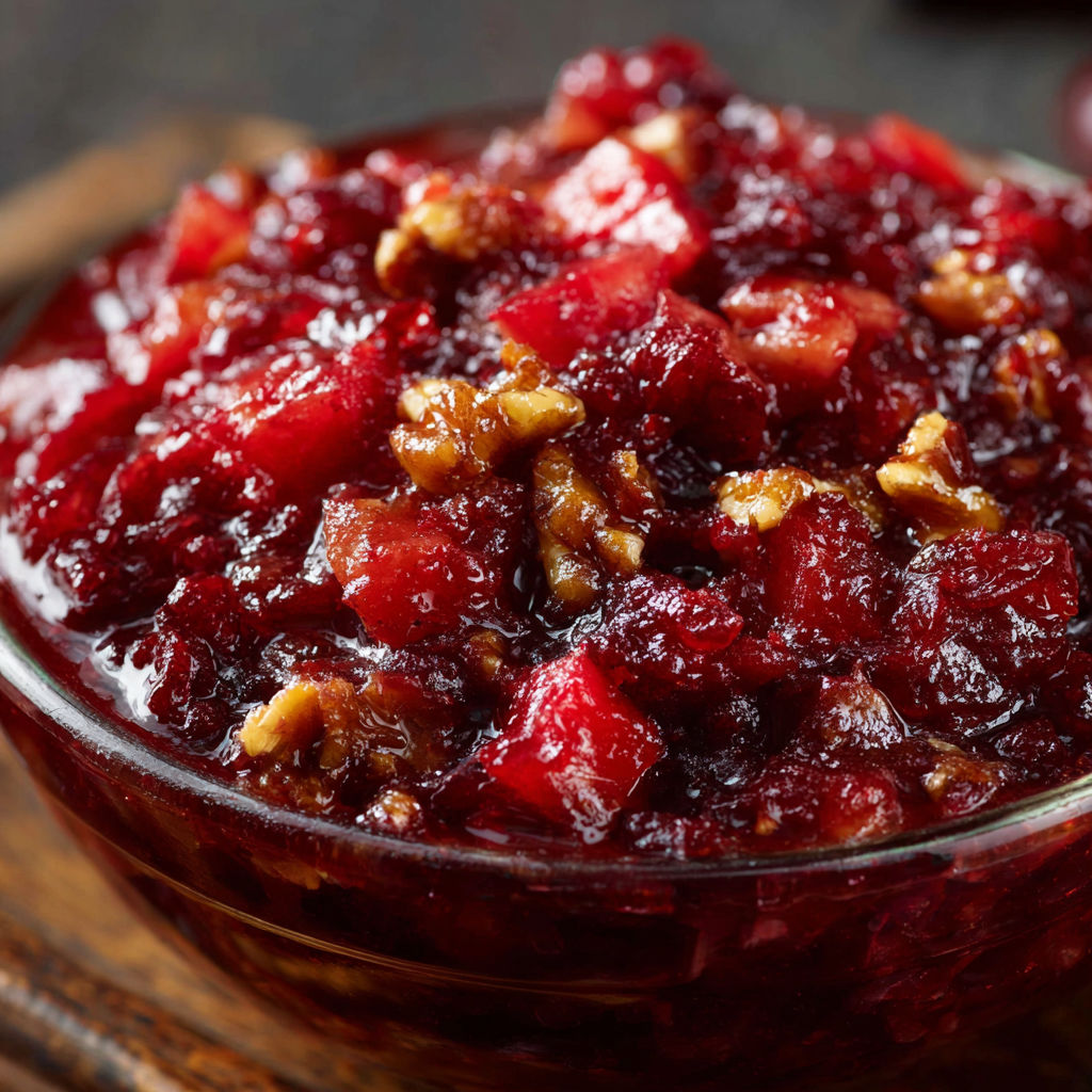 A bowl of Cranberry Apple Chutney is displayed on a wooden table.
