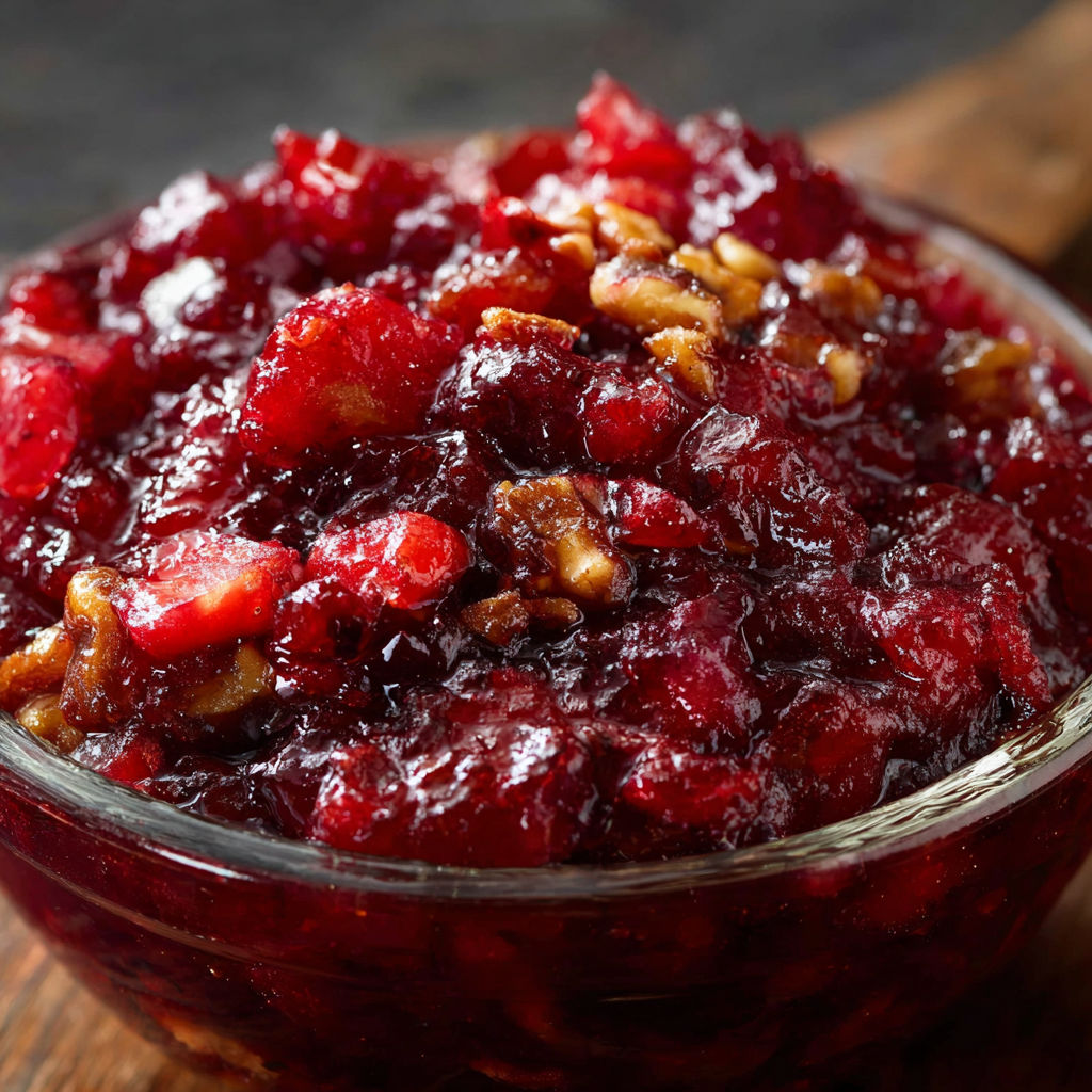 A bowl of homemade cranberry sauce with nuts on top.